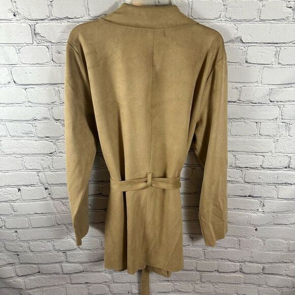 Level 99 Evereve Wrap Jacket Cardigan Faux Suede Open Front Belt Tie Camel L NWT - Picture 3 of 8